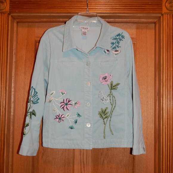 Women's Size PXL Graff Petite Embroidered Flower Floral Blue Corduroy Jacket - Picture 1 of 5
